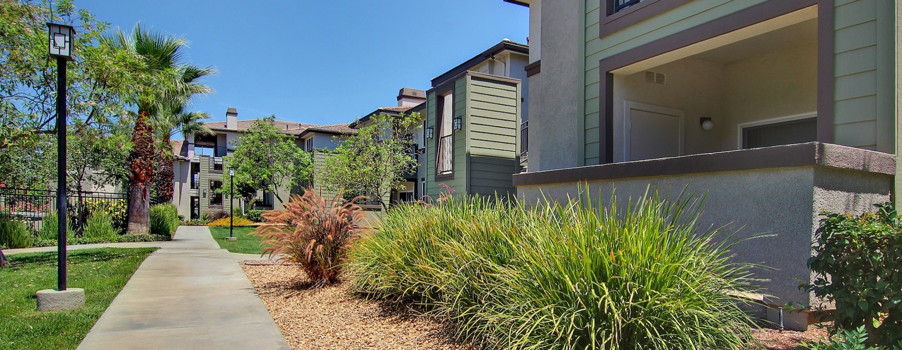 a sidewalk and some bushes