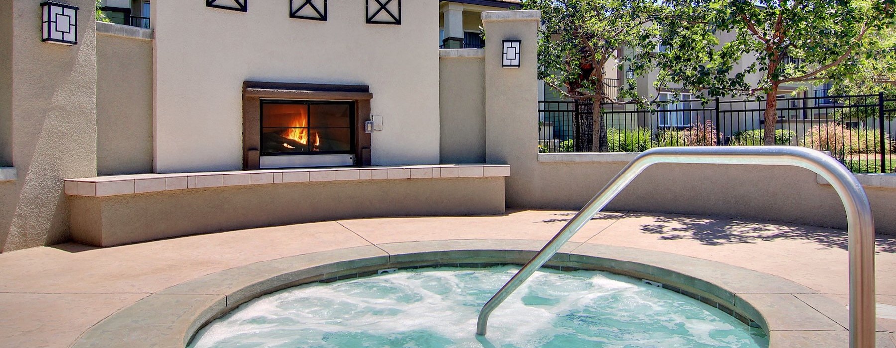 a pool in front of a building